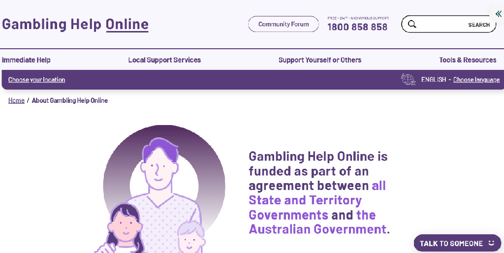 Gambling Help Online support and funding information.